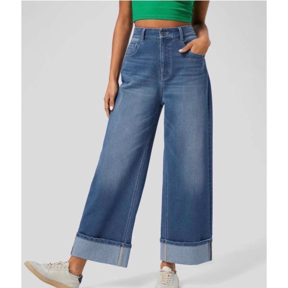 Halara High Waisted Wide Leg Cuffed Jeans Medium Wash Blue Large Tall 02642740